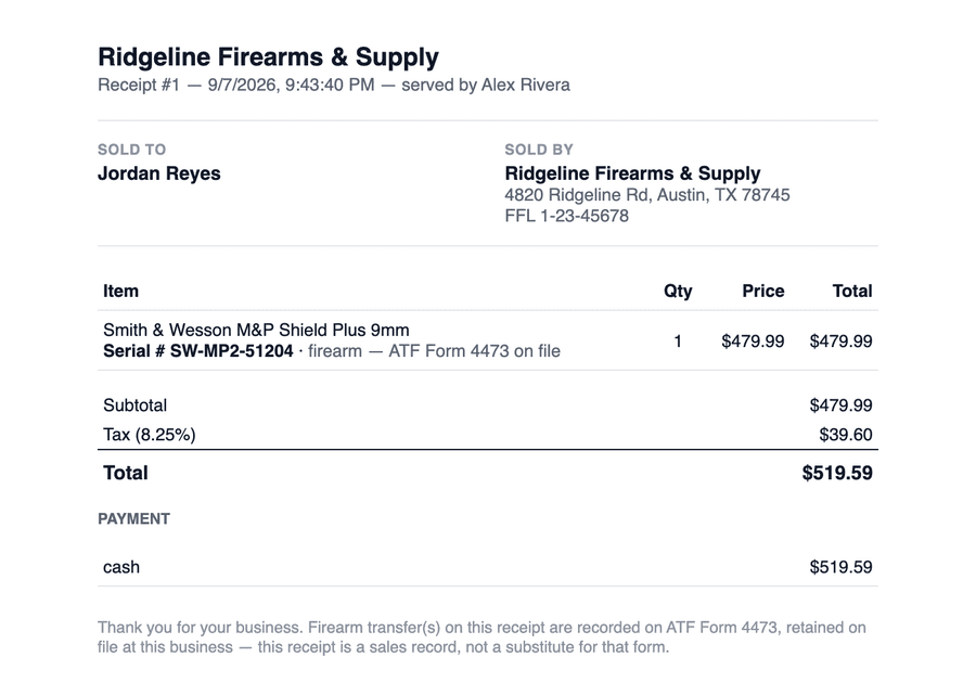 An actual NexusFFL receipt for a Smith & Wesson pistol sale, showing the serial number and a printed "ATF Form 4473 on file" line generated automatically at checkout.