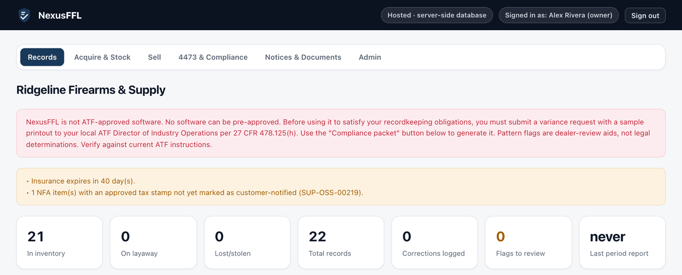 NexusFFL records dashboard showing inventory counts, a compliance-alerts banner for insurance and an NFA item awaiting customer notification, and zero flags to review.